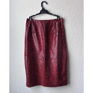 Vintage 90s Genuine Leather Danier Midi Skirt Red Snake Print (Size: 8)